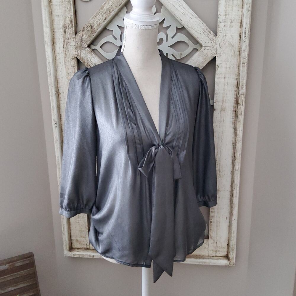 Decree Women's Junior 3/4 Sleeve, Button Tie Front Sheer Top in Metallic Silver